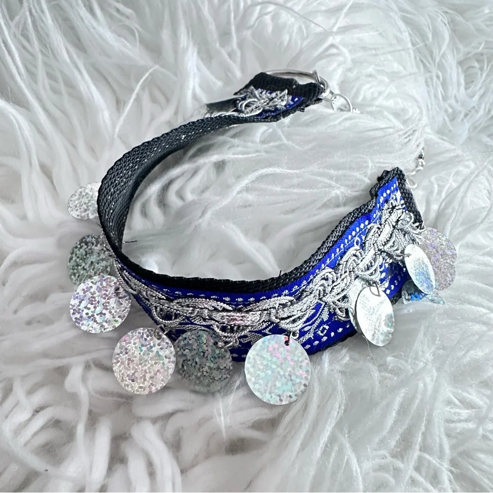 Festival Choker Necklace Handmade Navy + Silver Iridescent Sequin Coins Signed - Picture 6 of 15